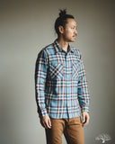 Iron Heart IHSH-442-SAX - 9oz Selvedge Flannel Check Work Shirt - Sax Blue