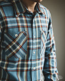 Iron Heart IHSH-442-SAX - 9oz Selvedge Flannel Check Work Shirt - Sax Blue