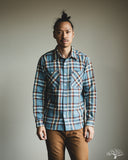 Iron Heart IHSH-442-SAX - 9oz Selvedge Flannel Check Work Shirt - Sax Blue